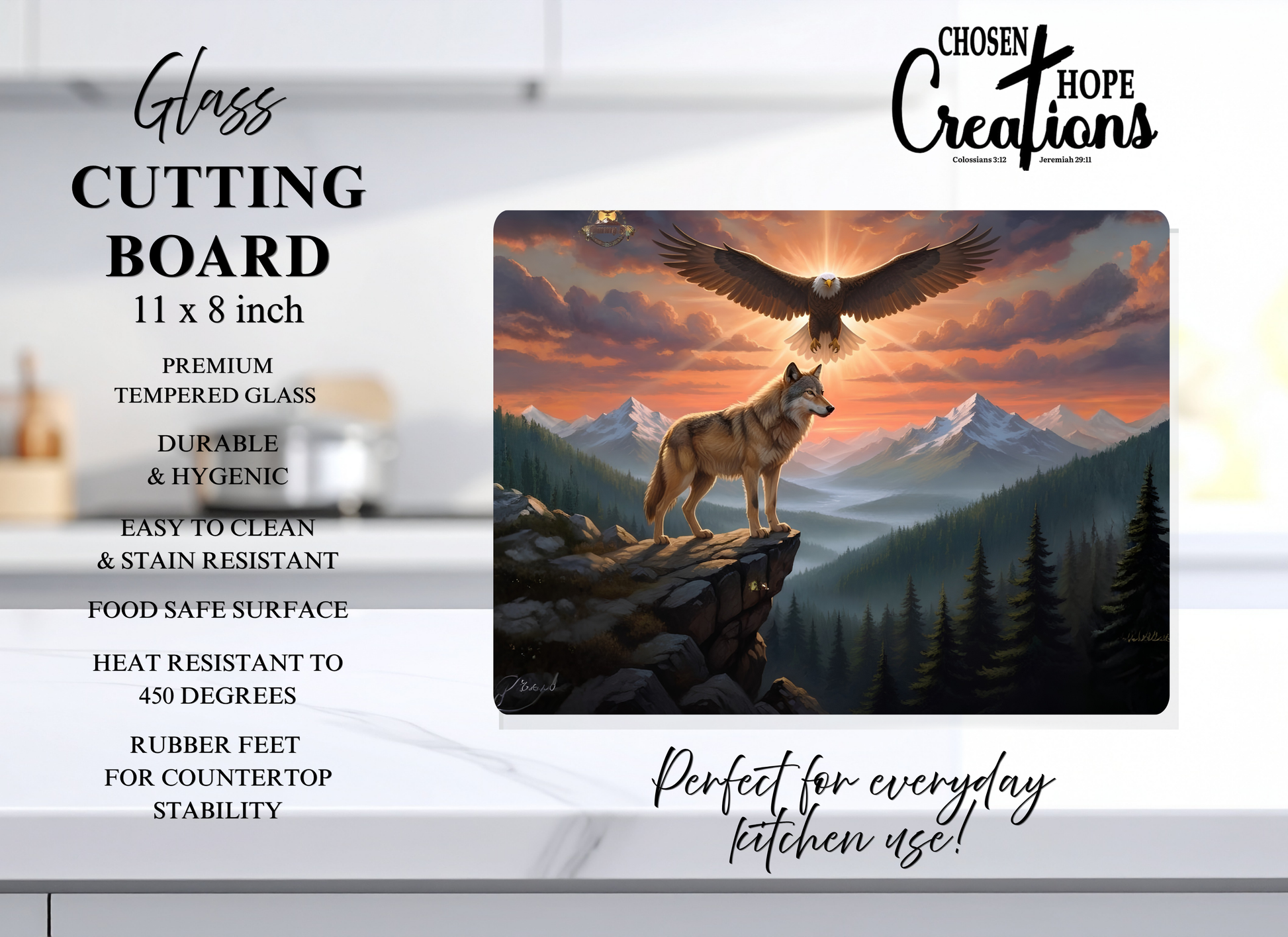 A glass cutting board with a scenic landscape print of a wolf and eagle, shown with product specifications and branding on a light background.