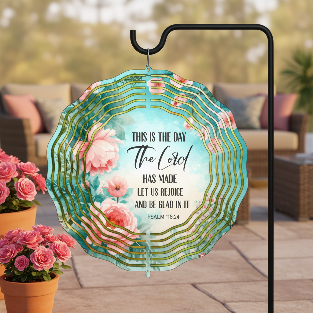This is the Day Wind Spinner hanging on shepherd's hook on upscale patio