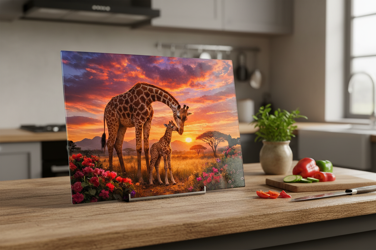 Giraffe Mother & Calf at Sunset – 8x11 Tempered Glass Cutting Board