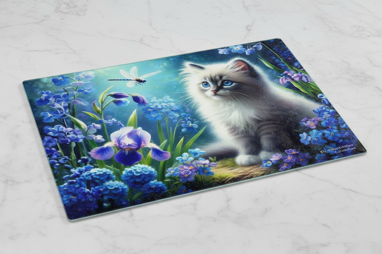 Blue-Eyed Kitten Iris Garden Tempered Glass Cutting Board – 8×11