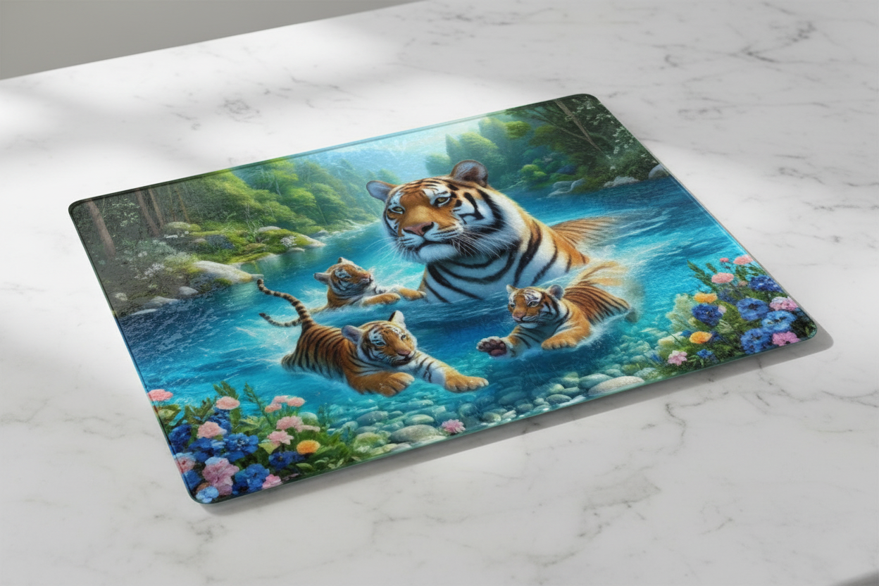 Tiger Family Jungle River Tempered Glass Cutting Board – 8×11