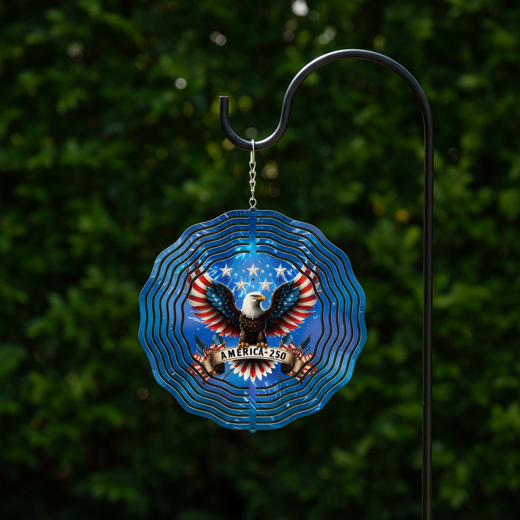 America 250 Eagle Wind Spinner hanging on shepherd's hook in garden