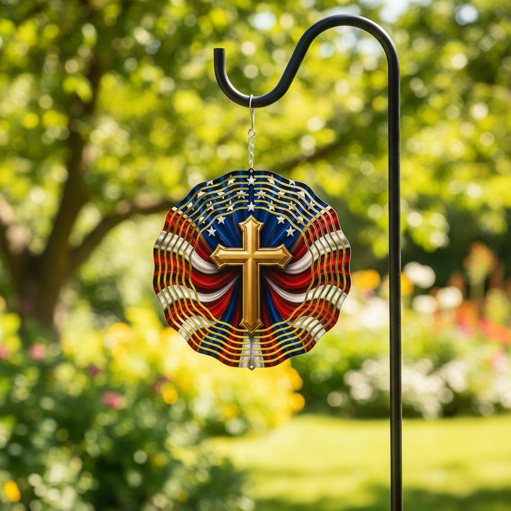 Patriotic Cross Wind Spinner hanging in garden