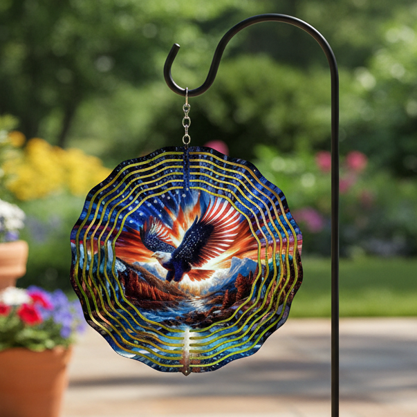 Patriotic Eagle Over Water Wind Spinner hanging on shepherd's hook on upscale patio