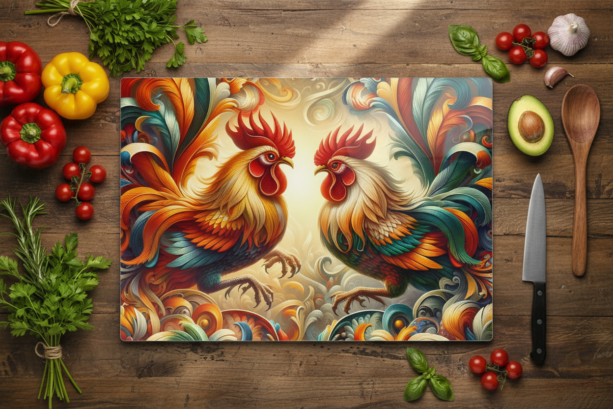 Rooster Duo Tempered Glass Cutting Board – 8×11