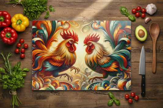 Rooster Duo Tempered Glass Cutting Board – 8×11