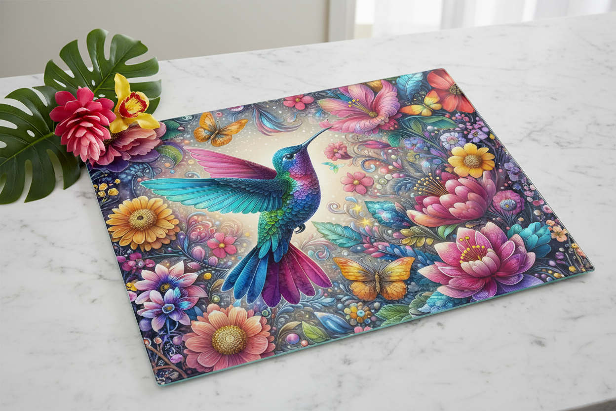 Hummingbird Floral Garden Tempered Glass Cutting Board – 8×11
