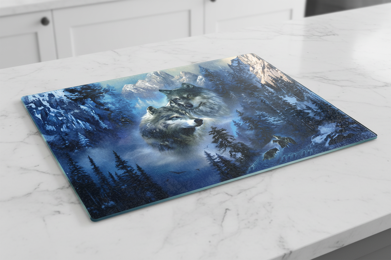 Winter Wolves Mountain Tempered Glass Cutting Board – 8×11