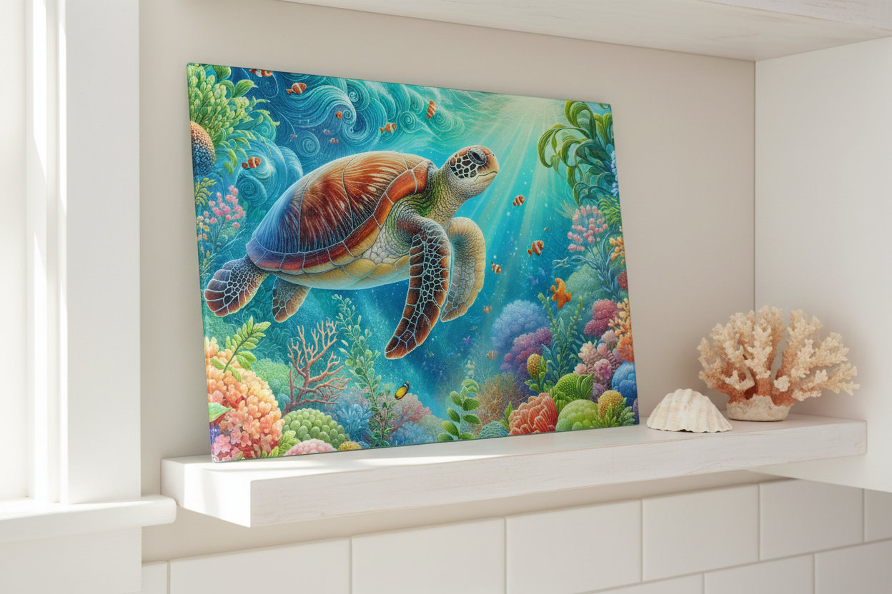 Sea Turtle Coral Reef Tempered Glass Cutting Board – 8×11