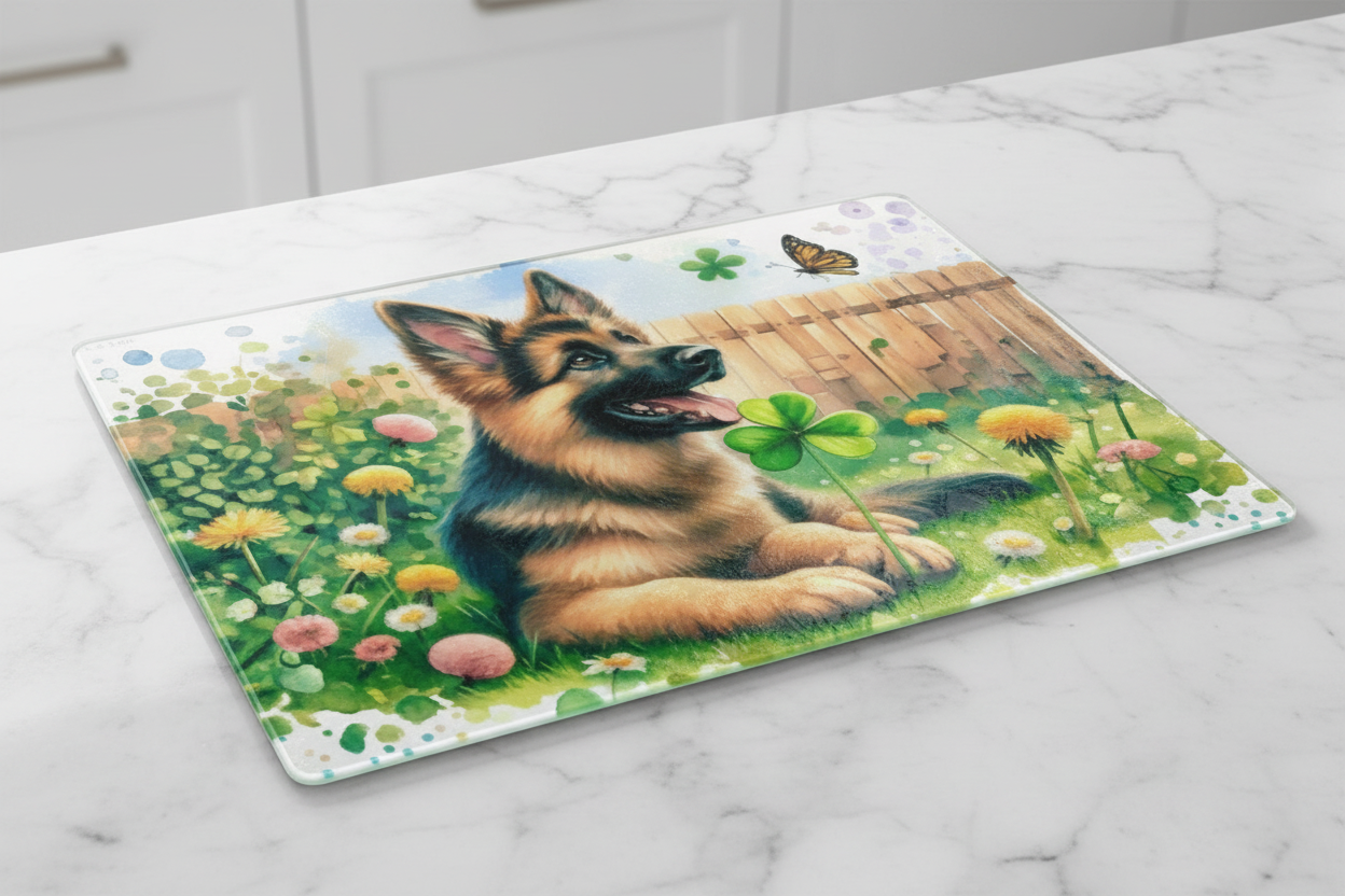 German Shepherd Puppy Lucky Clover Garden Tempered Glass Cutting Board – 8×11