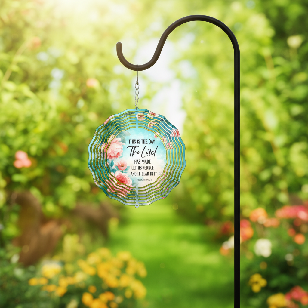 This Is the Day Wind Spinner hanging in garden