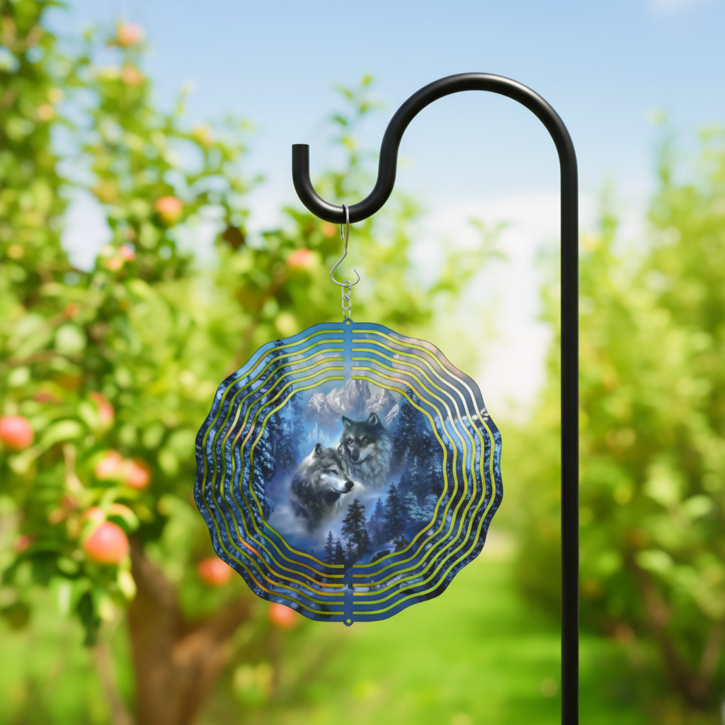Wolf Wind Spinner hanging on shepherd's hook in bright garden setting