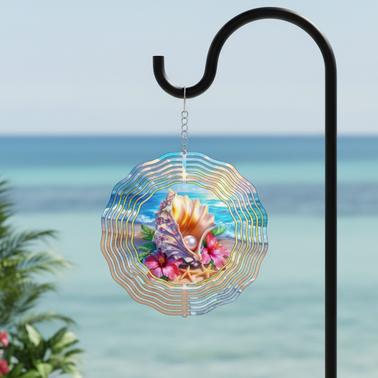 Conch Shell Wind Spinner hanging on shepherd's hook on coastal patio