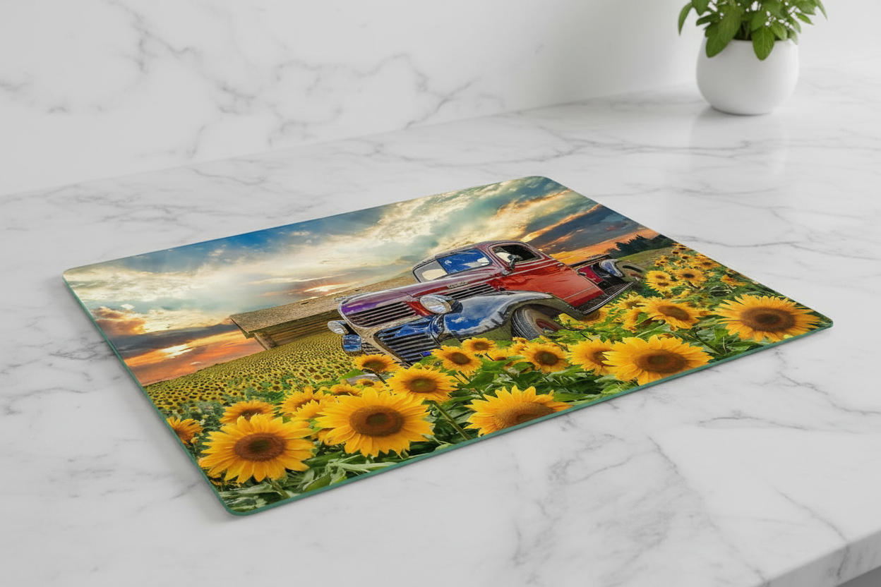 Vintage Truck Sunflower Field Tempered Glass Cutting Board – 8×11
