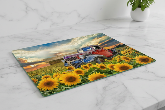 Vintage Truck Sunflower Field Tempered Glass Cutting Board – 8×11