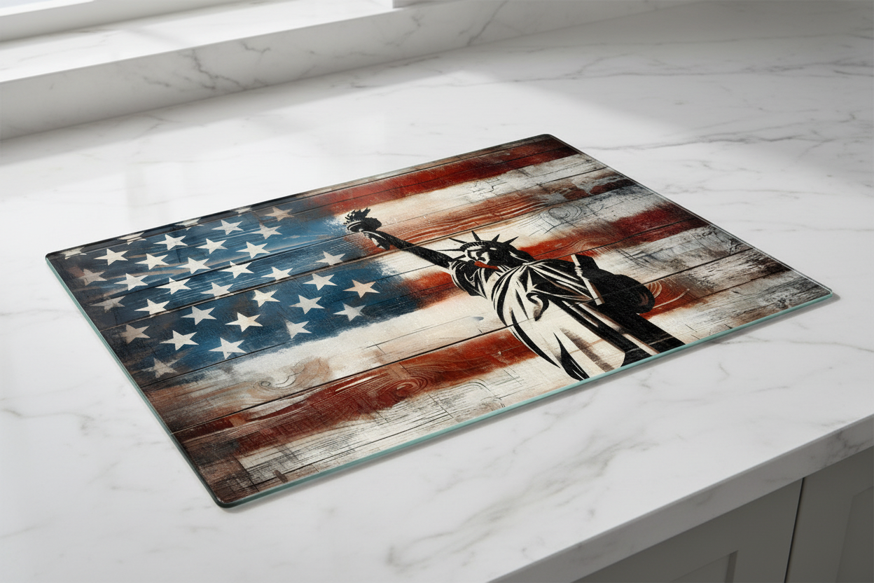 Statue of Liberty Rustic American Flag Tempered Glass Cutting Board – 8×11