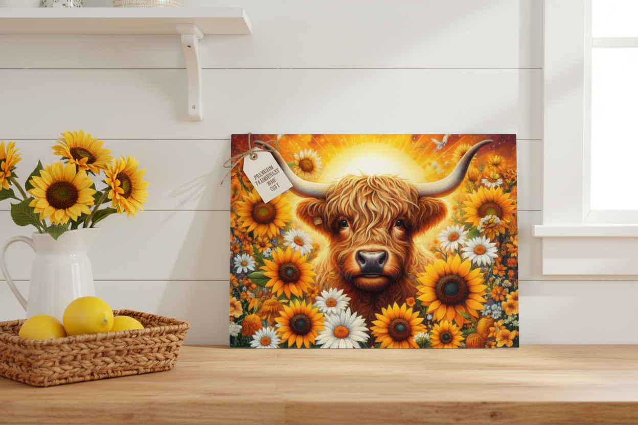 Highland Cow Sunflower Tempered Glass Cutting Board – 8×11