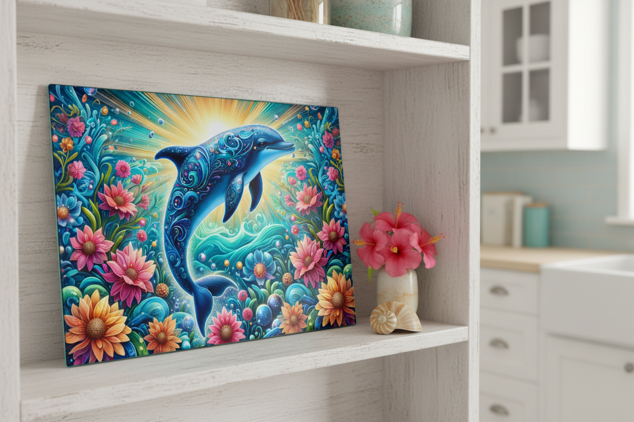 Ornate Dolphin Garden Tempered Glass Cutting Board – 8×11