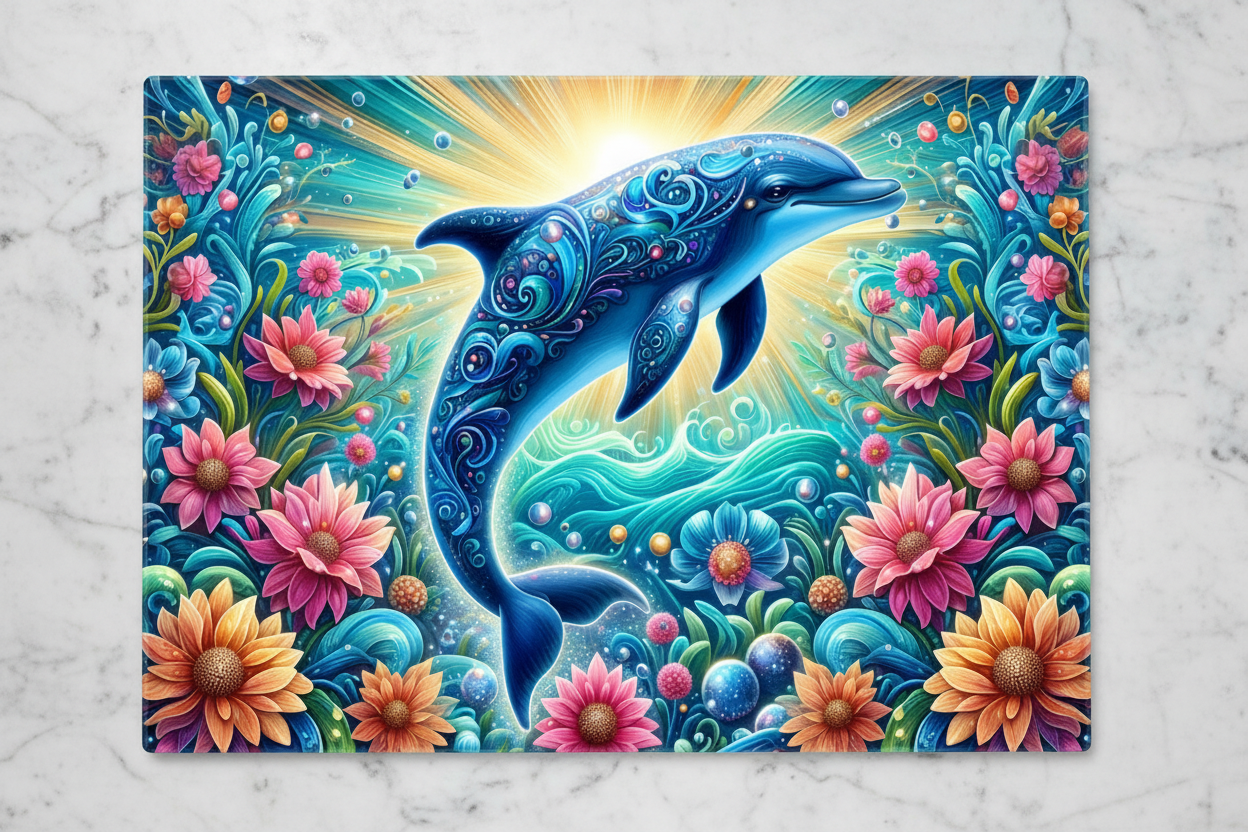 Ornate Dolphin Garden Tempered Glass Cutting Board – 8×11