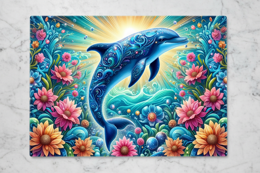 Ornate Dolphin Garden Tempered Glass Cutting Board – 8×11