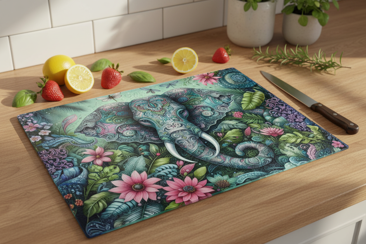 Ornate Elephant Mandala – 8x11 Tempered Glass Cutting Board