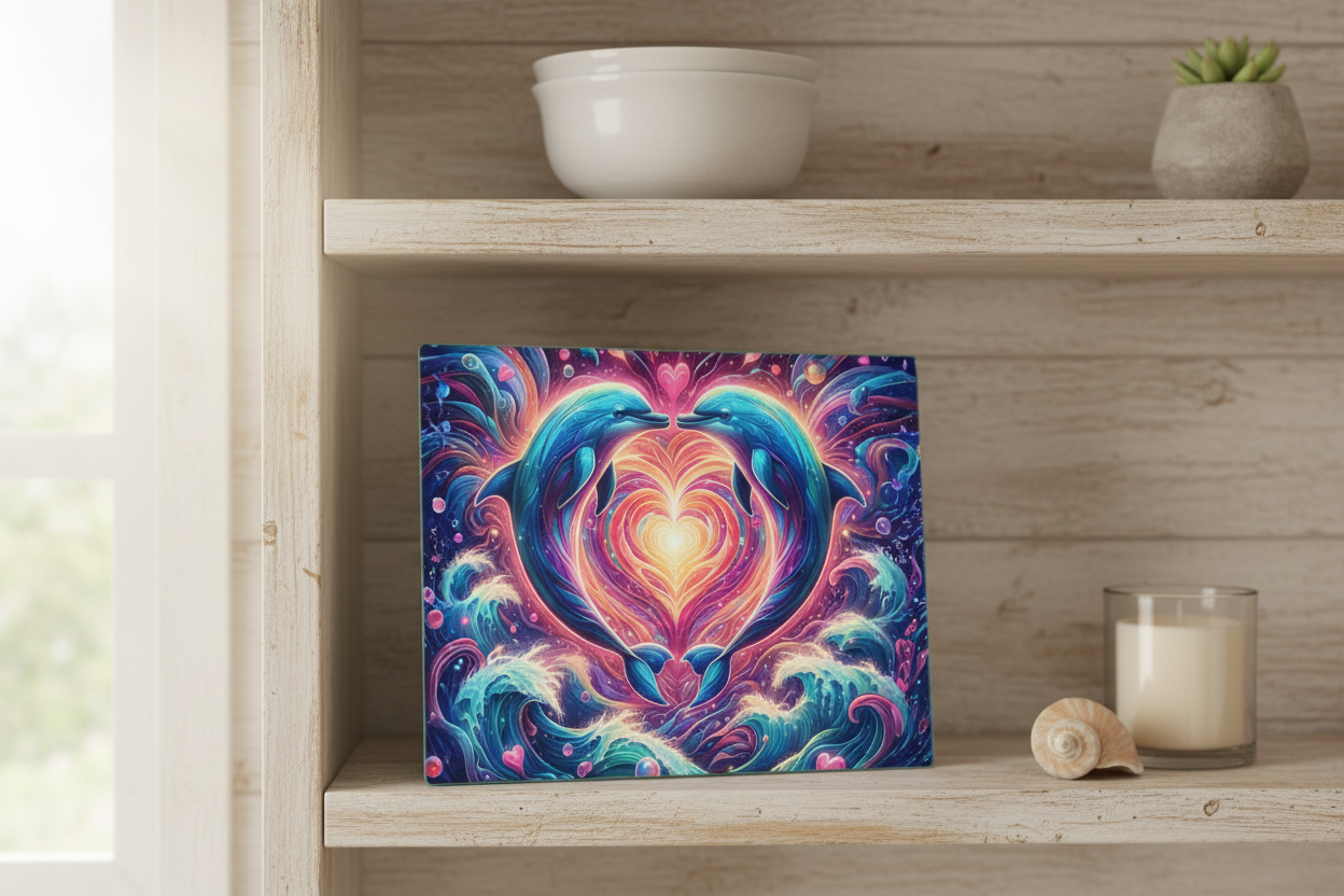 Dolphin Love Heart Tempered Glass Cutting Board – 8×11