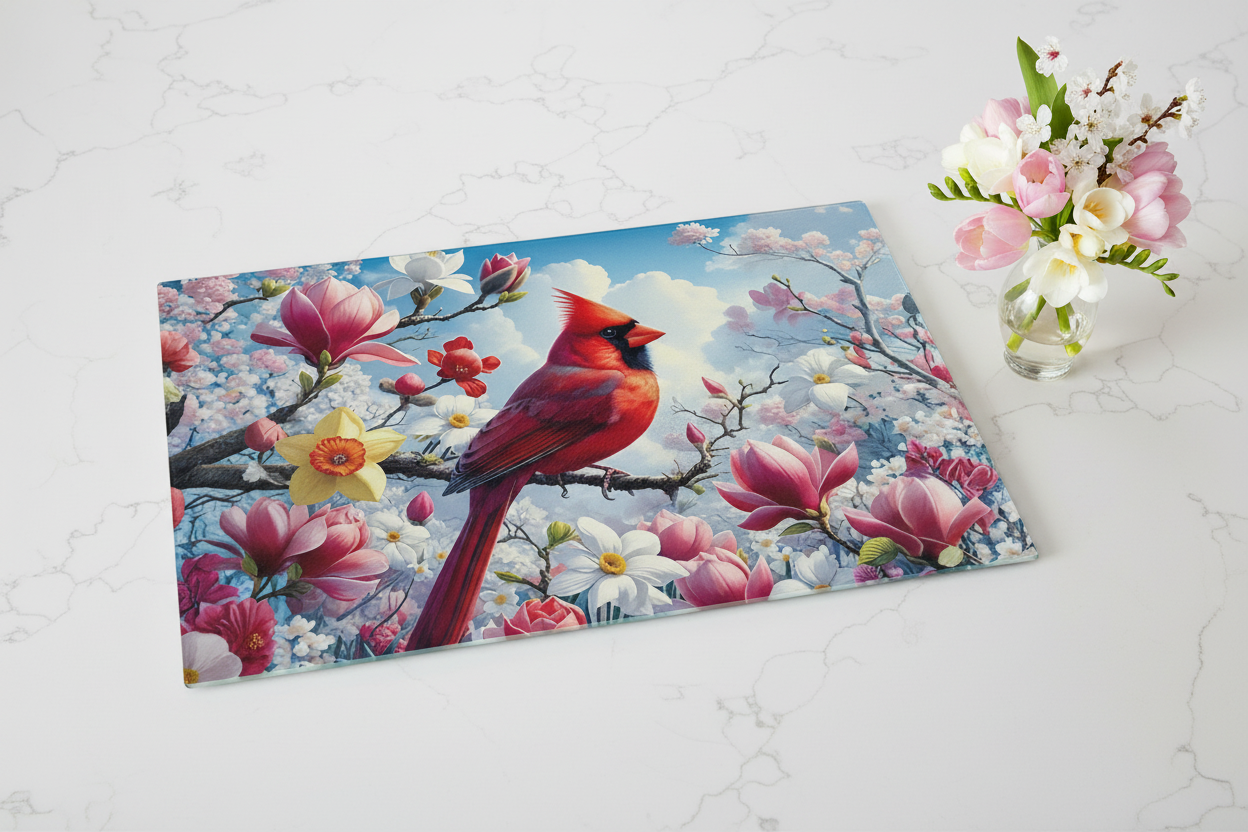 Red Cardinal Spring Blossoms Tempered Glass Cutting Board – 8×11