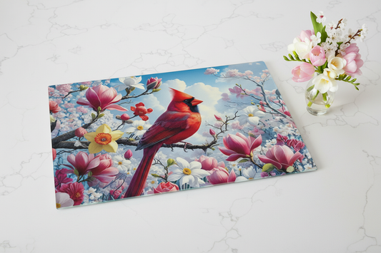 Red Cardinal Spring Blossoms Tempered Glass Cutting Board – 8×11