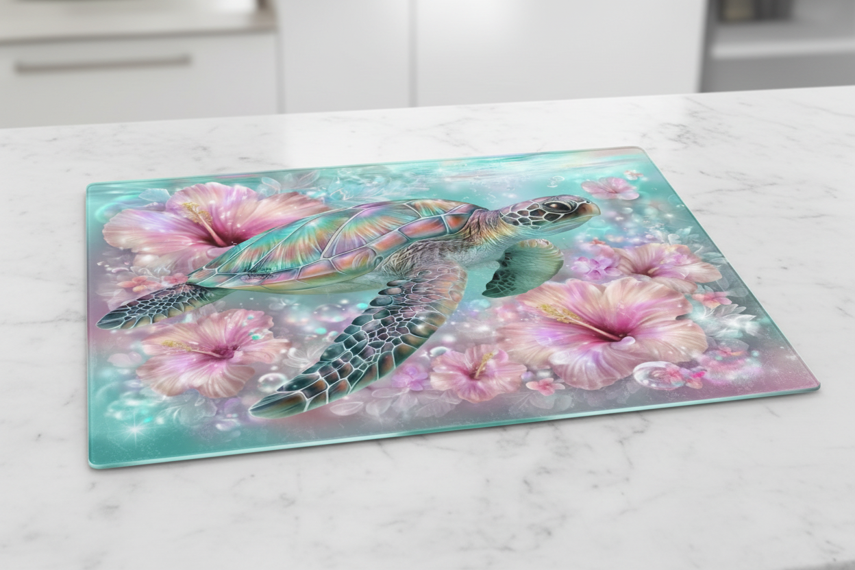 Sea Turtle Hibiscus Tempered Glass Cutting Board – 8×11