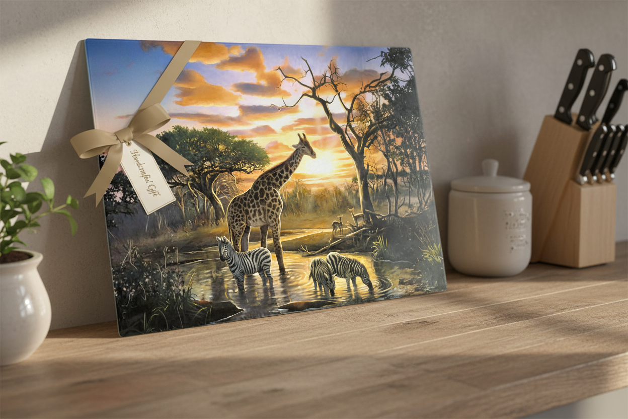 Safari Watering Hole at Sunset – 8x11 Tempered Glass Cutting Board