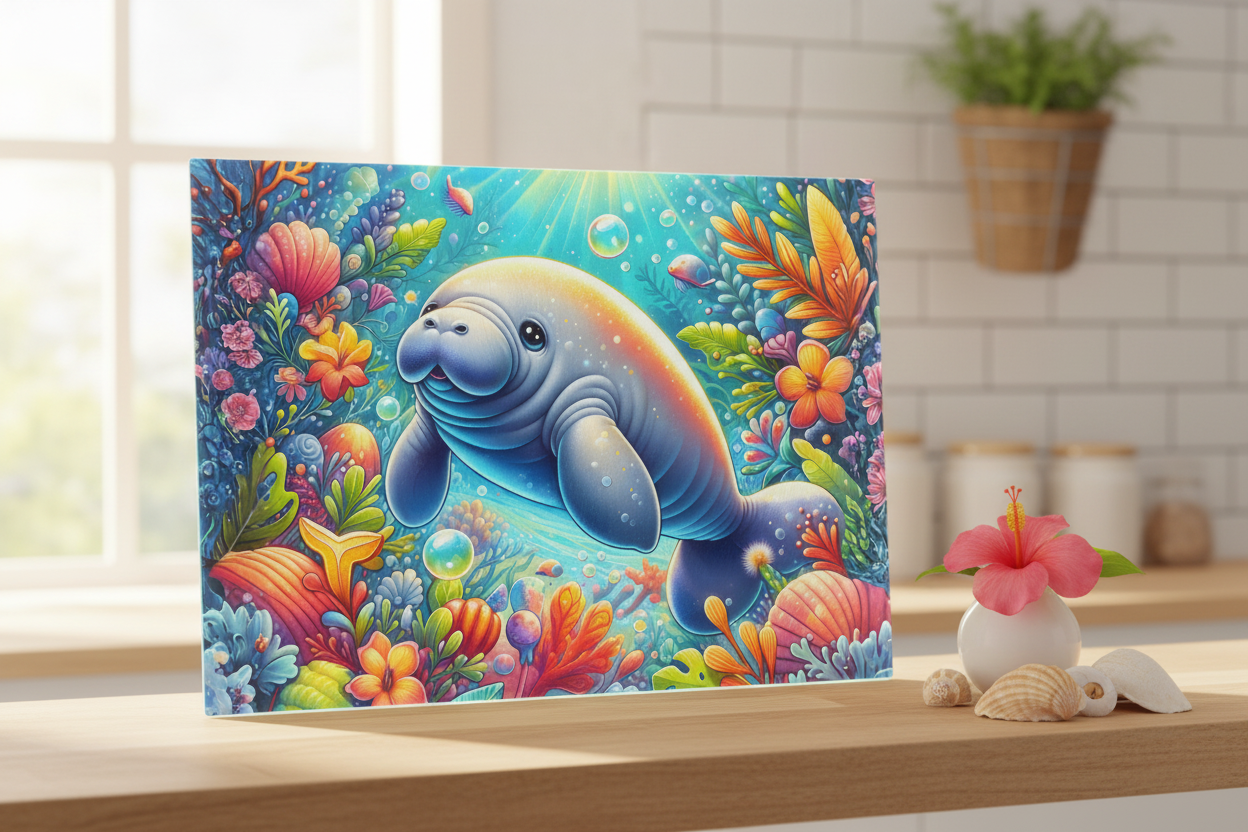 Whimsical Manatee Tempered Glass Cutting Board – 8×11