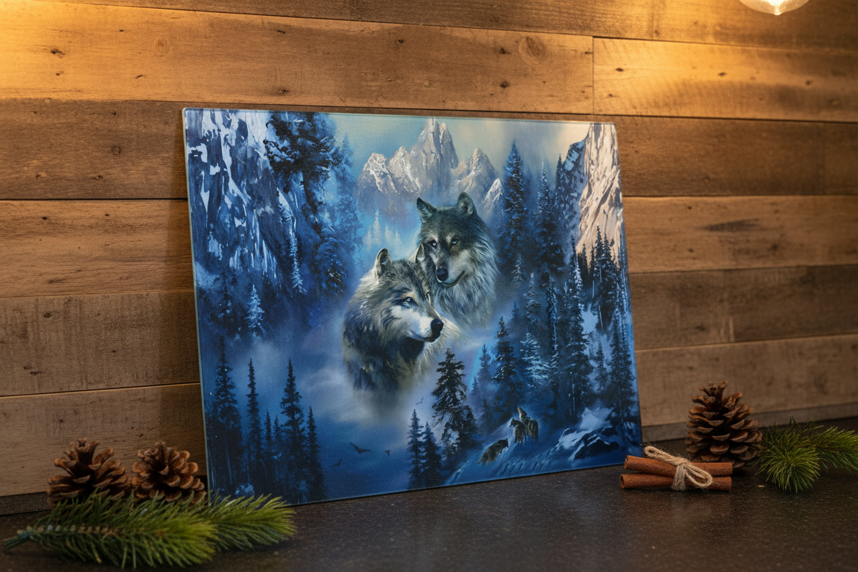 Winter Wolves Mountain Tempered Glass Cutting Board – 8×11