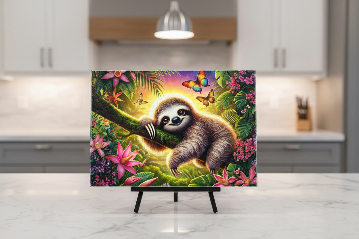 Sloth in Paradise – 8x11 Tempered Glass Cutting Board