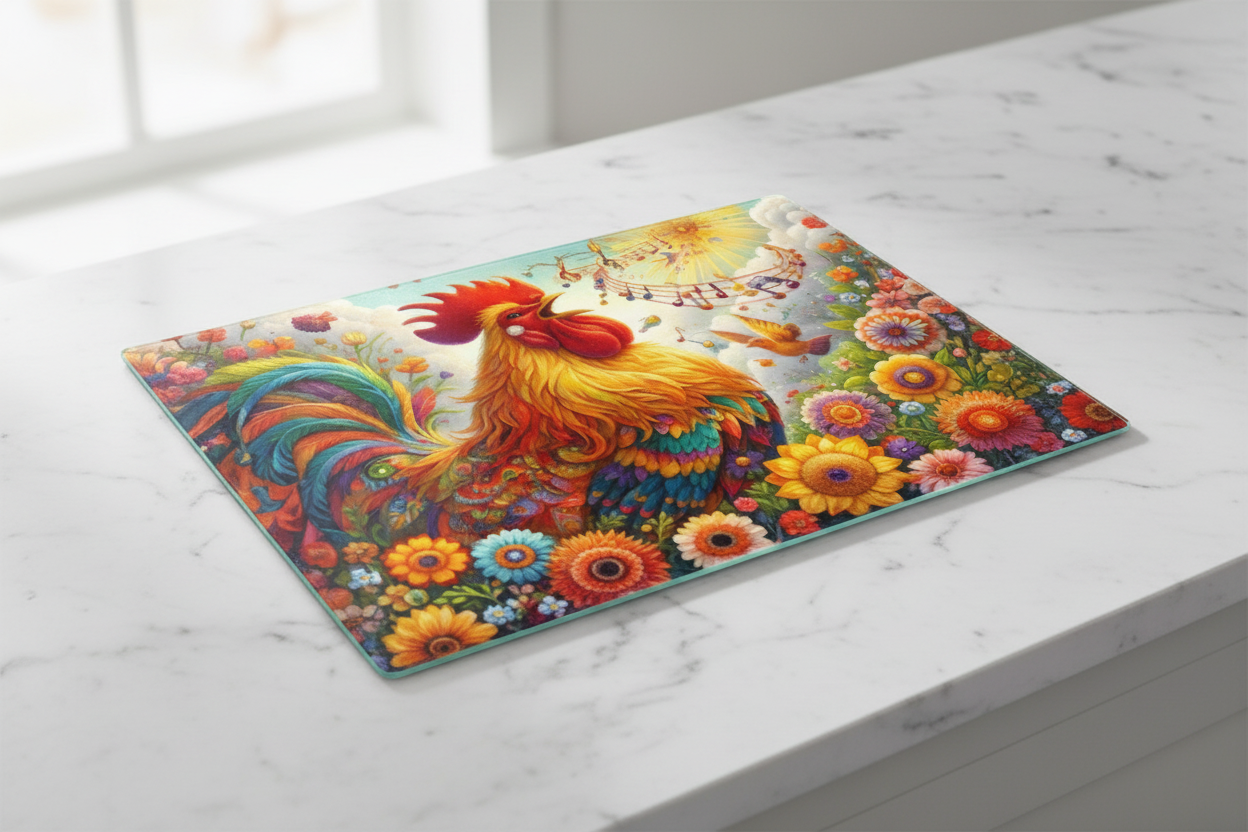 Singing Rooster Wildflower Garden Tempered Glass Cutting Board – 8×11
