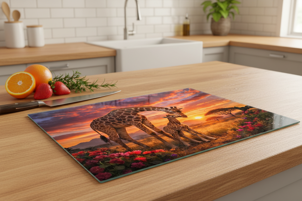 Giraffe Mother & Calf at Sunset – 8x11 Tempered Glass Cutting Board