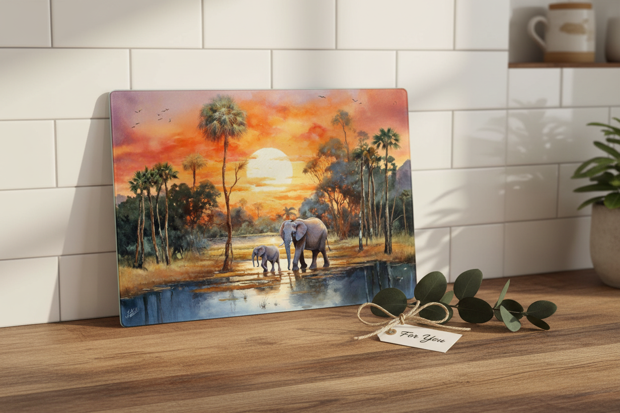Elephant Mother& Calf at Sunset – 8x11 Tempered Glass Cutting Board