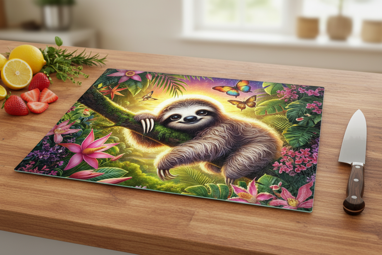 Sloth in Paradise – 8x11 Tempered Glass Cutting Board