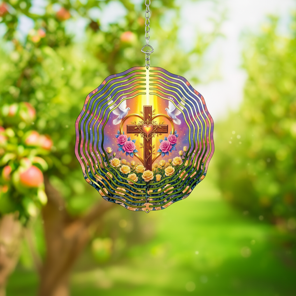 Glowing Cross Heart Doves Wind Spinner | Faith Garden Decor | Christian Gift | Roses & Doves