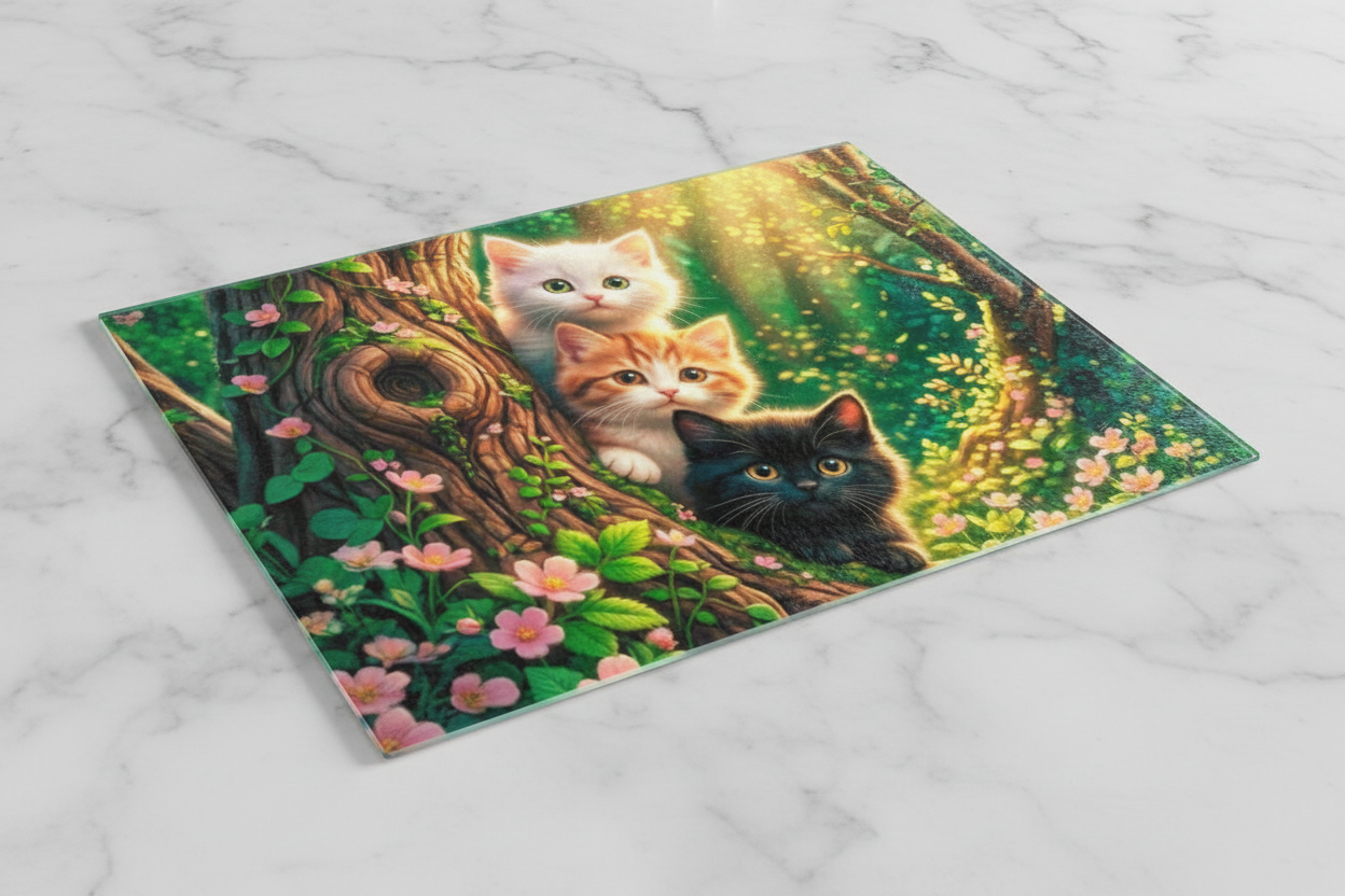 Three Kittens Enchanted Tree Tempered Glass Cutting Board – 8×11