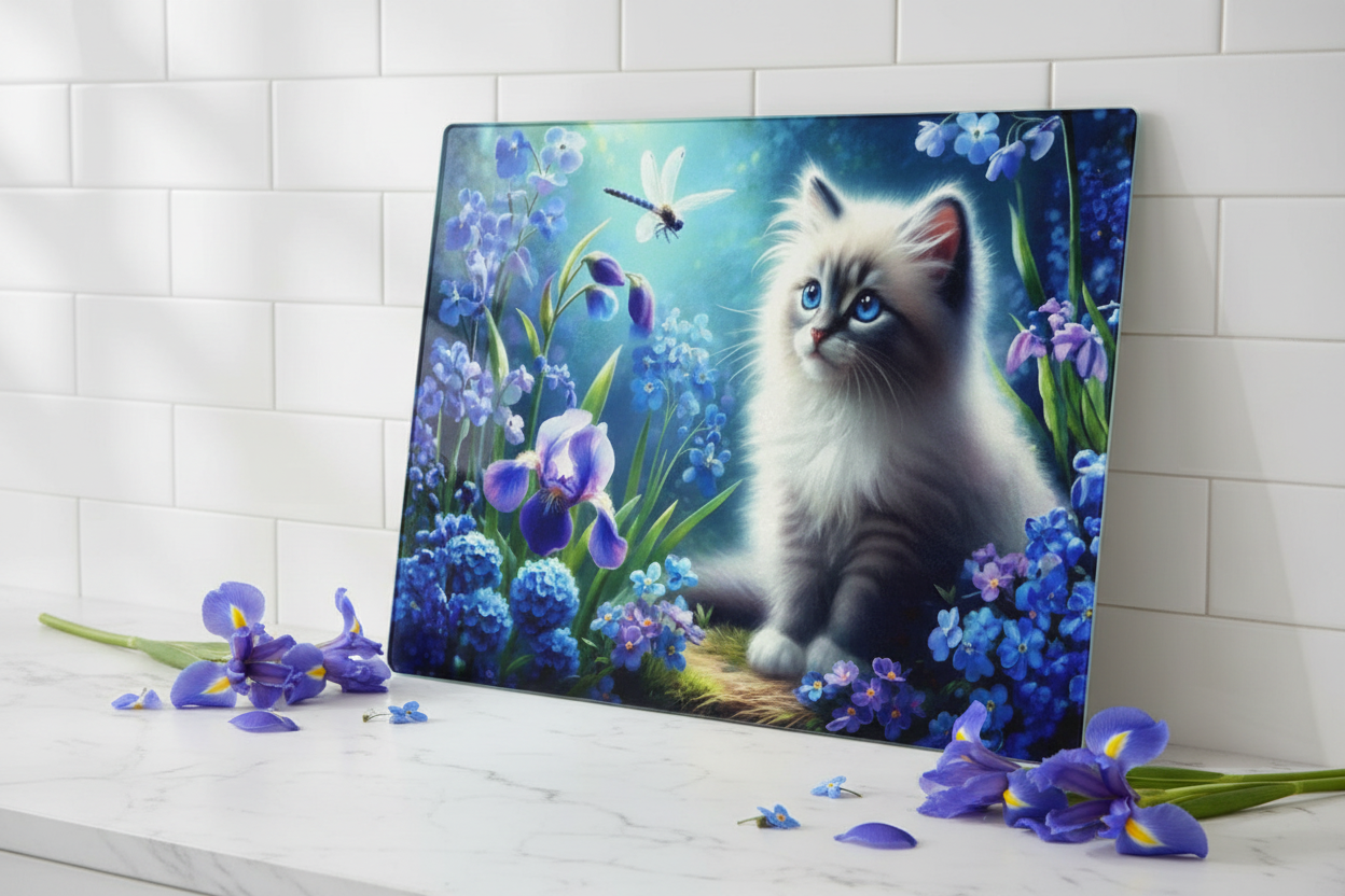 Blue-Eyed Kitten Iris Garden Tempered Glass Cutting Board – 8×11