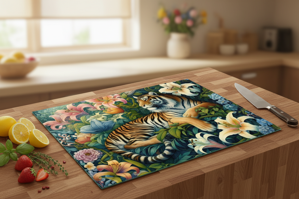 Tiger in Bloom – 8x11 Tempered Glass Cutting Board