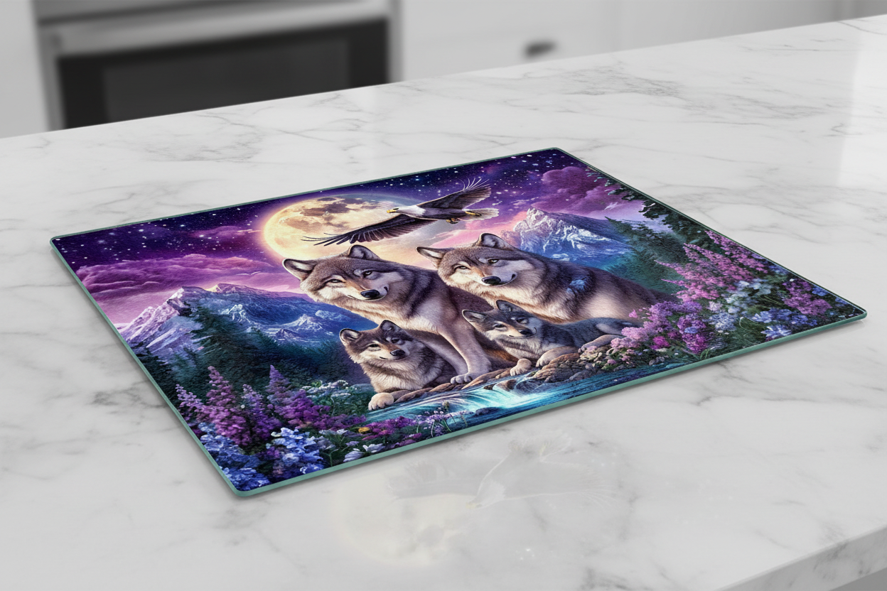 Wolf Family Moonlit Mountain Tempered Glass Cutting Board – 8×11