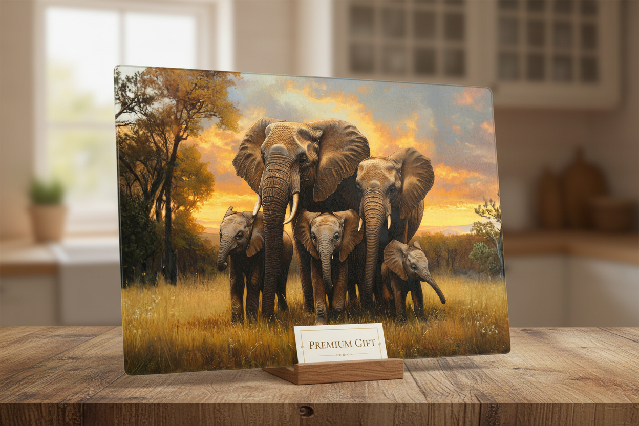 Elephant Family Sunset – 8x11 Tempered Glass Cutting Board