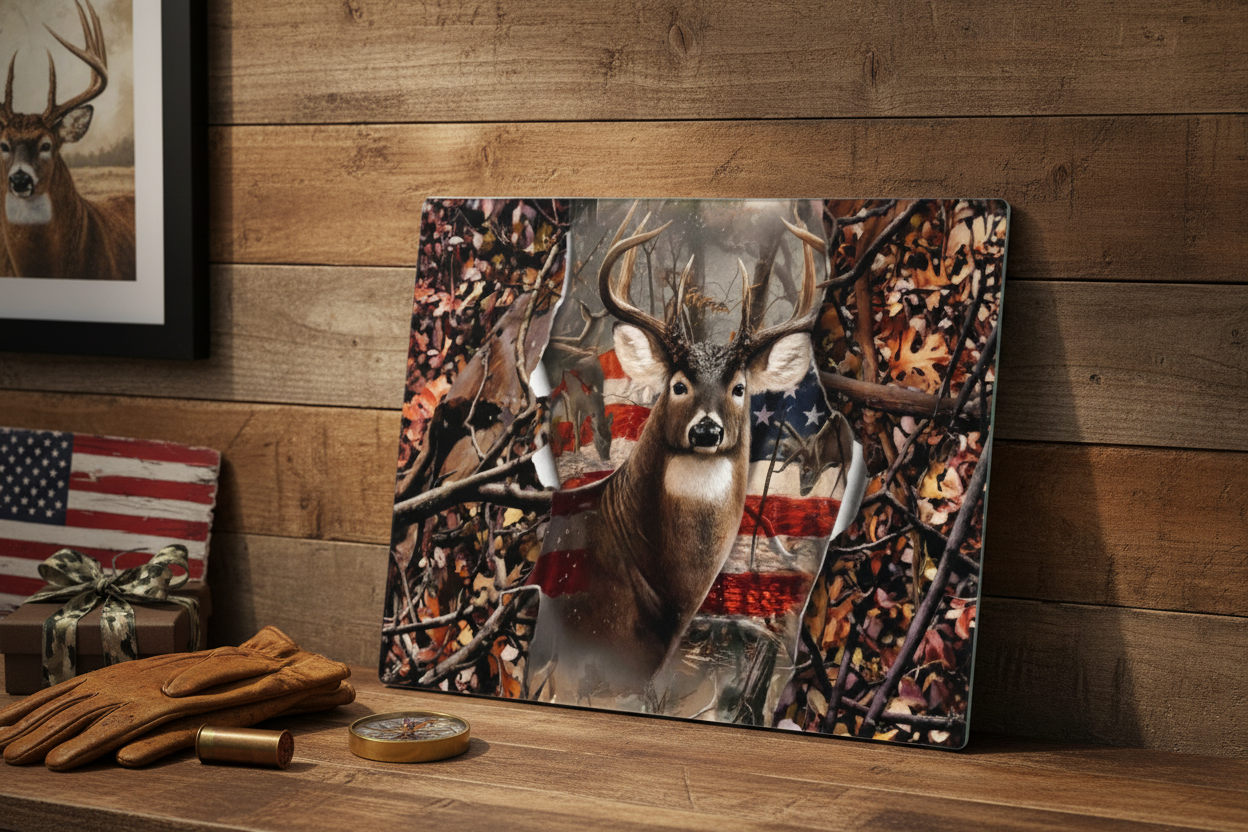 Patriotic Whitetail Buck American Flag Tempered Glass Cutting Board – 8×11