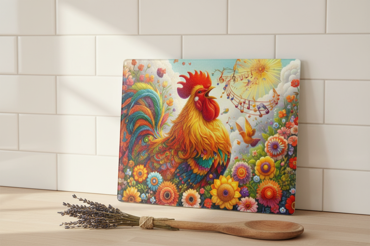 Singing Rooster Wildflower Garden Tempered Glass Cutting Board – 8×11