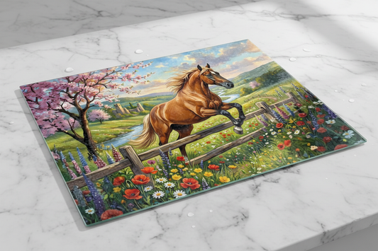 Spring Meadow Horse Tempered Glass Cutting Board – 8×11