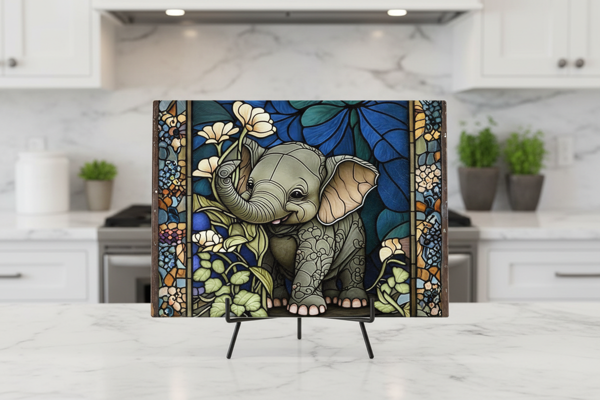 Stained Glass Baby Elephant – 11x8 Tempered Glass Cutting Board