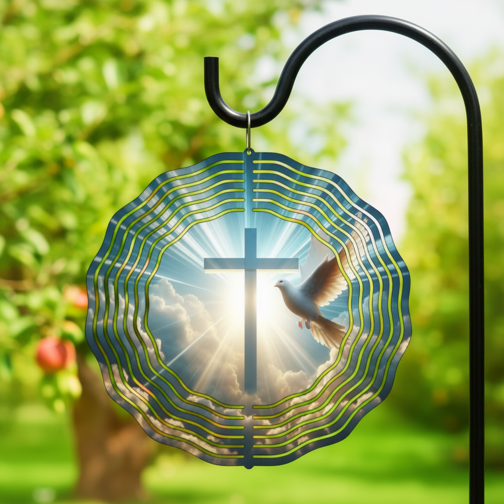 Cross and Dove Wind Spinner hanging on shepherd's hook in garden