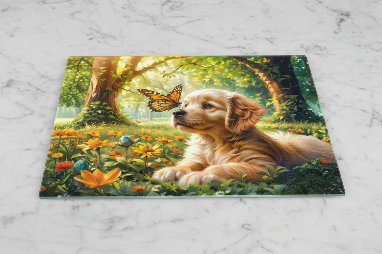 Golden Retriever Puppy & Butterfly Meadow Tempered Glass Cutting Board – 8×11