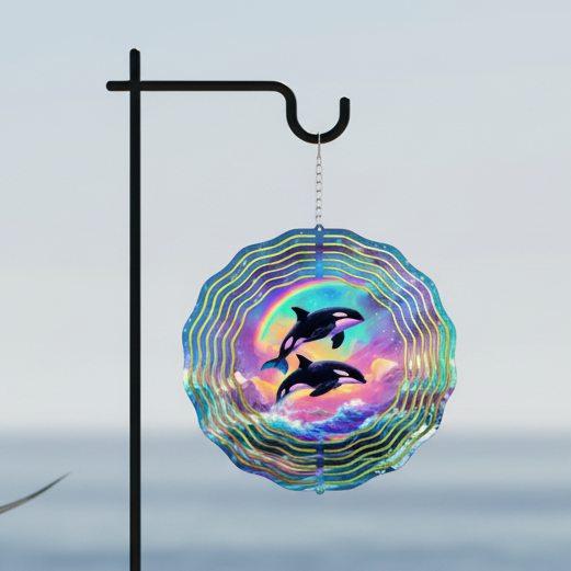Orca Whale Wind Spinner hanging on shepherd's hook on coastal patio